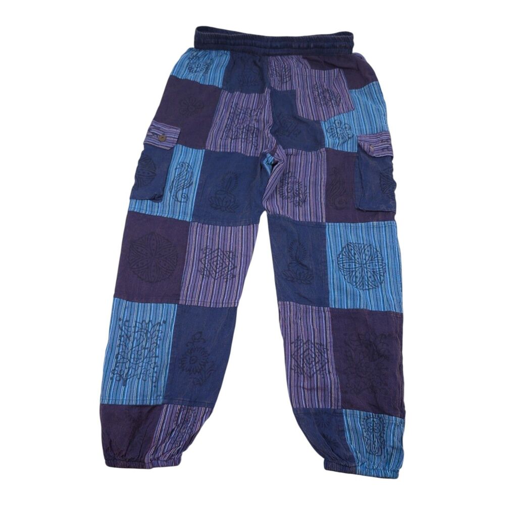 Patchwork Hippy Festival Trousers Block Printed Ethnic Boho Hippie EDM Pants L - Picture 3 of 8